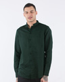 Shop Safari Green Cotton Linen Mandarin Collar Shirt-Front