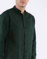 Shop Safari Green Cotton Linen Mandarin Collar Shirt