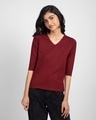 Shop Scarlet Red 3/4 V Neck T-Shirt-Front