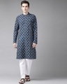 Shop Men Blue & Beige Printed Straight Kurta-Front