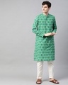 Shop Men Green & Grey Ikat Woven Design Straight Kurta-Front