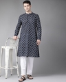 Shop Men Navy Blue & White Printed Straight Kurta