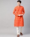 Shop Men Orange & Off White Ikat Woven Design Straight Kurta-Front