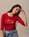 Shop Stay True Round Neck 3/4 Sleeve T-Shirt Bold Red-Front