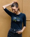 Shop Stay True Round Neck 3/4 Sleeve T-Shirt Navy Blue-Front