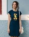 Shop Stay Weird Tweety Cap Sleeve Printed T-Shirt Dress (LTL) Navy Blue-Front