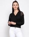 Shop Black Puff Sleeves Crepe Wrap Top-Front