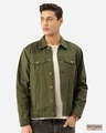 Shop Men Olive Green Solid Denim Jacket-Front