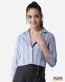 Shop Women's Blue & White Self Design Crop Button Shrug-Front
