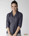 Shop Women Blue Modern Fit Solid Chambray Casual Shirt-Front