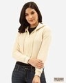 Shop Women's Cream Coloured Solid Hooded Crop Sweatshirt-Front