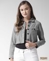 Shop Women's Grey Chambray Regular Fit Solid Casual Crop Jacket-Front