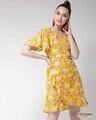 Shop Women's Mustard Yellow & Pink Printed Wrap Dress-Front