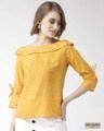 Shop Women Mustard Yellow & White Polk Dot Print Bardot Top-Front