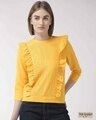 Shop Women Mustard Yellow Lace Detail Blouson Top-Front