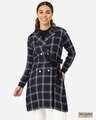 Shop Women Navy Blue & Off White Checked Longline Tailored Jacket-Front