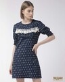 Shop Women Navy Blue & White Printed A Line Dress-Front