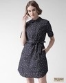 Shop Women Navy Blue & White Printed Shirt Dress With Belt-Front