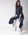 Shop Women Navy Blue & White Regular Fit Checked Casual Shirt
