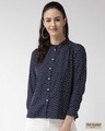 Shop Women Navy Blue & White Regular Fit Printed Casual Shirt-Front
