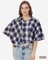 Shop Women's Navy Blue And White Checked Cape Jacket-Front