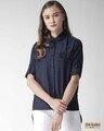 Shop Women Navy Blue Classic Fit Solid Casual Shirt-Front