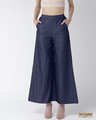 Shop Women Navy Blue Solid High Rise Chambray Palazzos-Front
