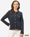 Shop Women Navy Blue Solid Slim Fit Lightweight Shacket-Front