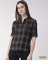 Shop Women Olive Green & Navy Blue Regular Fit Checked Casual Shirt-Front
