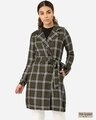 Shop Women Olive Green & Off White Checked Longline Tailored Jacket-Front