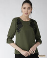 Shop Women Olive Green Solid Top With Applique Detail-Front