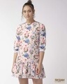 Shop Women Pink & Blue Floral Printed Drop Waist Dress-Front