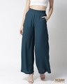 Shop Women Teal Blue Loose Fit Solid Parallel Trousers-Front