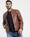 Shop Tan Solid Faux Leather Jacket-Front