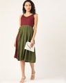 Shop Women Maroon And Olive Green Layered Colourblocked Woven A Line Dress