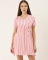 Shop Women White And Peach Coloured Striped Woven A Line Dress-Front