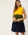 Shop Women Yellow And Olive Green Colourblocked Woven Tiered A Line Dress-Front