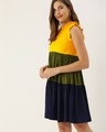 Shop Women Yellow And Olive Green Colourblocked Woven Tiered A Line Dress-Design