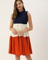 Shop Womennavy Blue And White Colourblocked Woven A Line Tiered Dress-Front