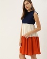 Shop Womennavy Blue And White Colourblocked Woven A Line Tiered Dress-Design