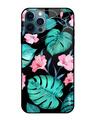 Shop Iphone 12 Pro Max Tropical Leaves & Pink Flowers Glass Case-Front