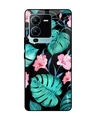 Shop Tropical Leaves & Pink Flowers Premium Glass case for Vivo V25 Pro (Shock Proof,Scratch Resistant)-Front