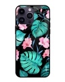 Shop Tropical Leaves & Pink Flowers Premium Glass Cover for Apple iPhone 14 Pro Max-Front