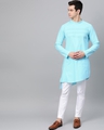 Shop Turquoise Blue Solid Straight Kurta With Yoke Thread Work With Kurta Pyjama-Front