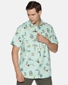 Shop Men Short Sleeve Cotton Printed African Graphic Teal Green Shirt-Front