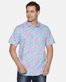 Shop Men Short Sleeve Cotton Printed Blue Feather Pink Shirt-Front