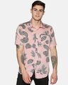 Shop Men Short Sleeve Cotton Printed Pink Peach Grey Leafy Shirt-Front