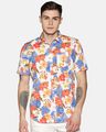 Shop Men Short Sleeve Cotton Printed Red Blue On White Shirt-Front
