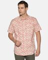 Shop Men Short Sleeve Cotton Printed Red Floral On Beige Shirt-Front