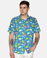 Shop Men Short Sleeve Cotton Printed Sea Wave Graphics On Blue Shirt-Front
